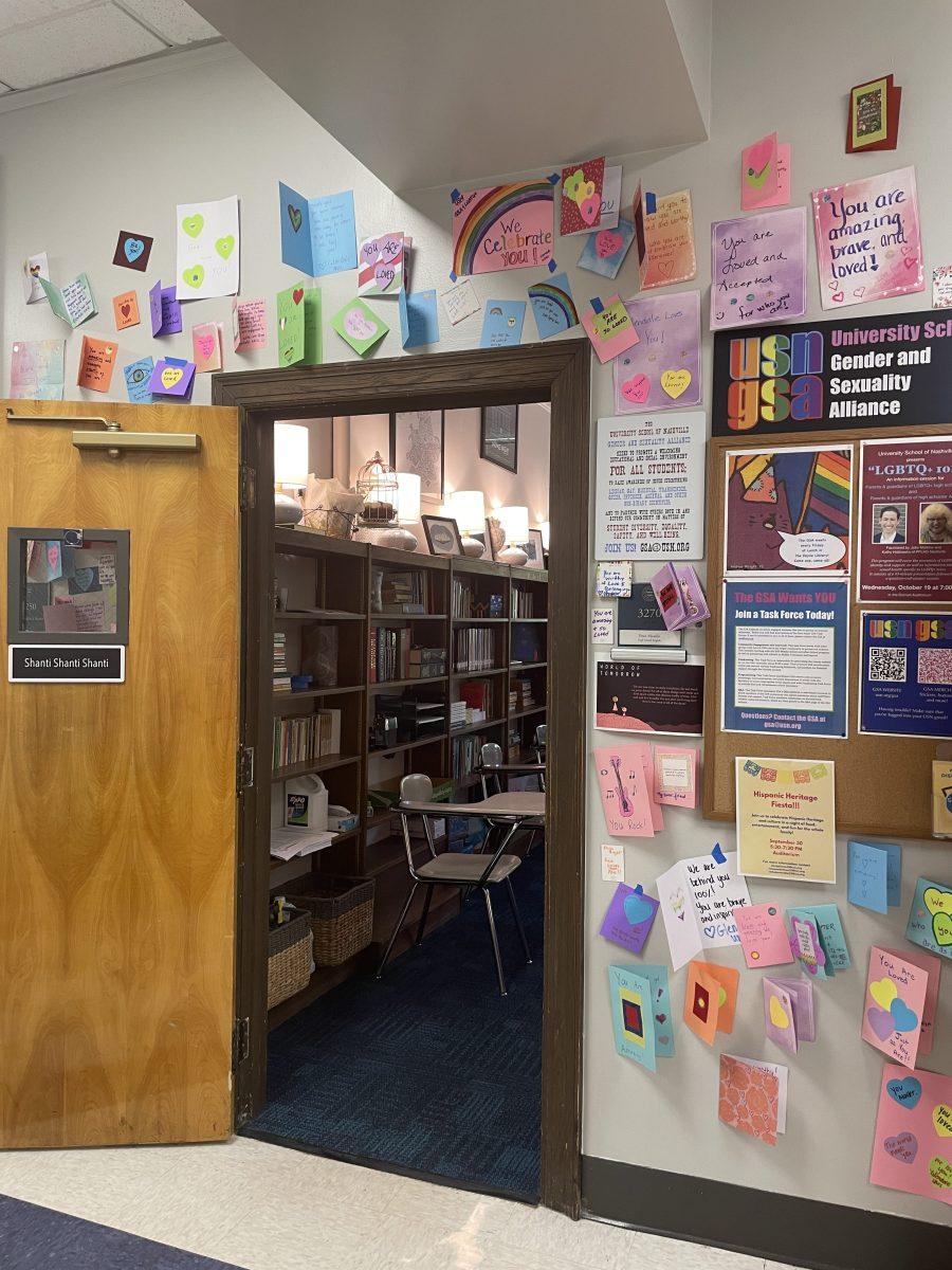 Cards made by the members of the Glendale United Methodist Church hang outside the classroom of Dr. Masullo, the faculty advisor to the GSA. 