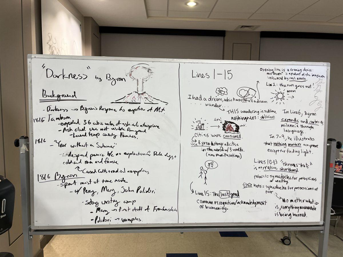 Sophomores in Story of English cover the third floor whiteboard while studying Byron's "Darkness"