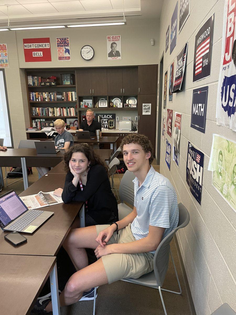 Peabody Press Editor Margot Ross '24 and Bell Ringer Opinions Editor Raleigh Maxwell '24 take a break during AP Government. (Via the Peabody Press)