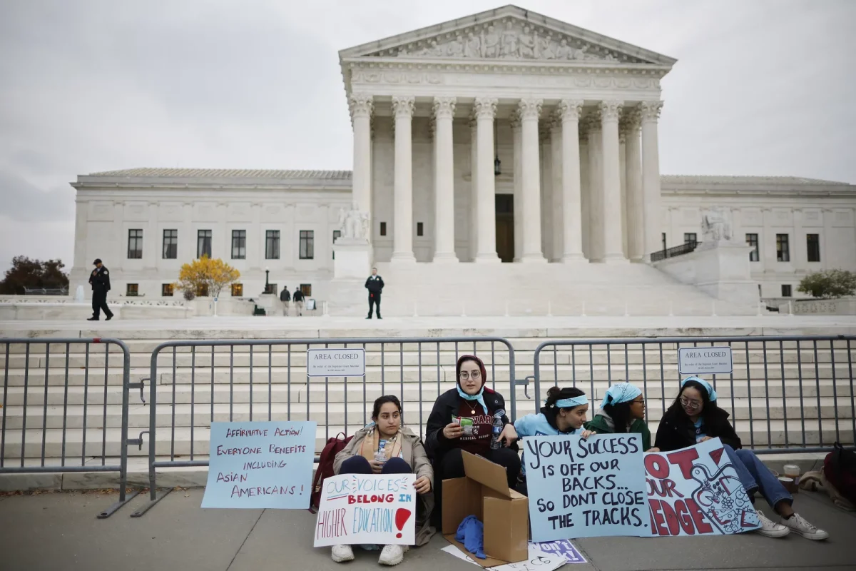 Supporters of affirmative action in higher education demonstrate in front of the Supreme Court ahead of the Supreme Court's oral arguments.

Photo credit: Chip Somodevilla/Getty Images