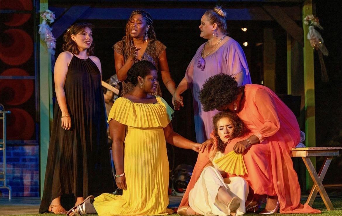 Leonata poses comforting Hero, along with Hero's friends and aunt (via the Nashville Shakespeare Festival's Instagram)
