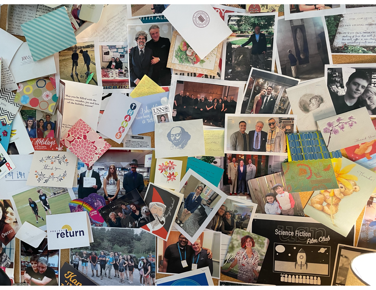 English 10 teacher Dean Masullo’s memory wall showcases cards, illustrations, and photos from previous advisees. (via the Peabody Press) 