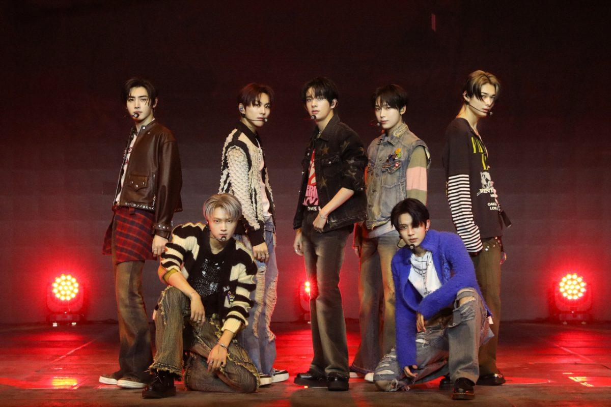 From left to right -- ENHYPHEN members Sunhoon, Jay, Jungwon, Jake, Sunoo, Heesueung, and Ni-Ki perform their title track, Sweet Venom.