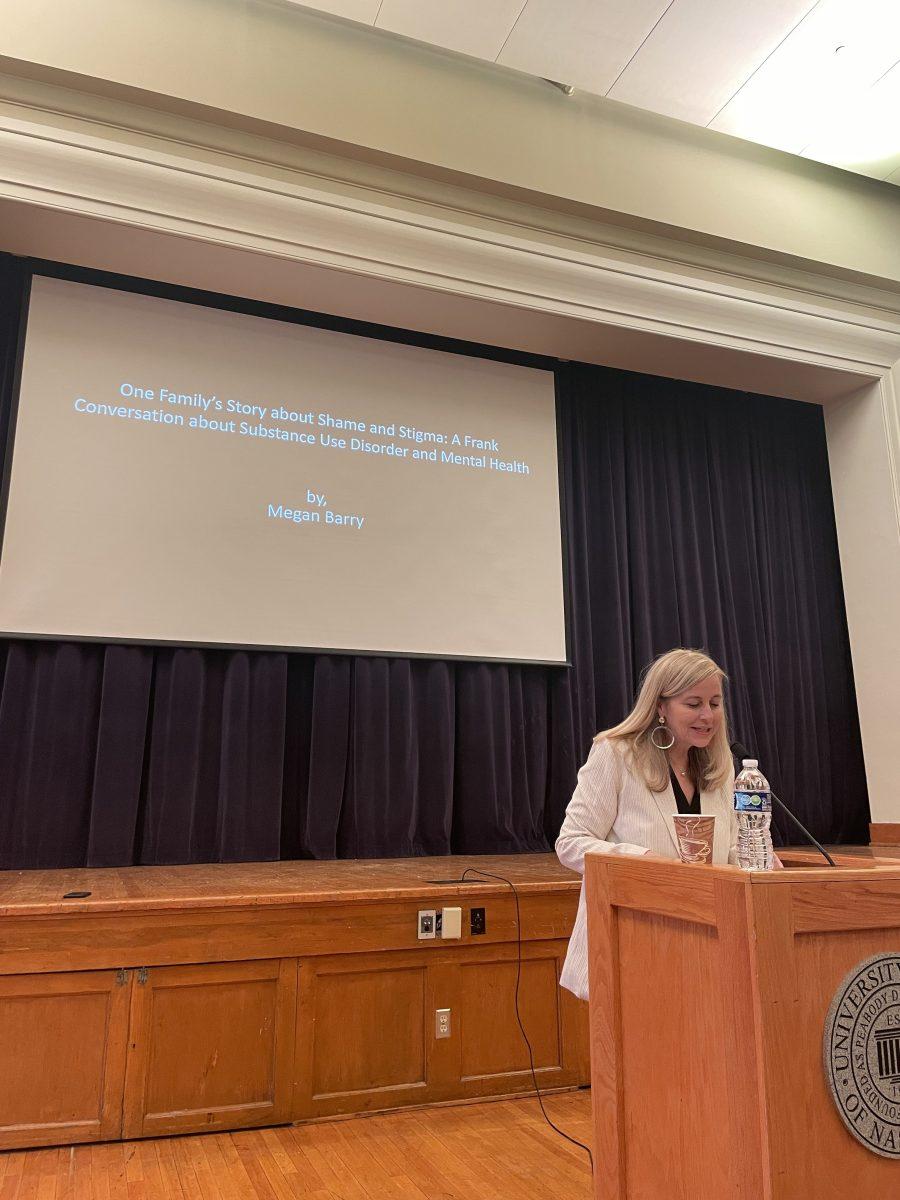 Barry delivered her remarks regarding Substance Use Disorder before students departed for their Community Action Day sites. (via the Peabody Press) 
