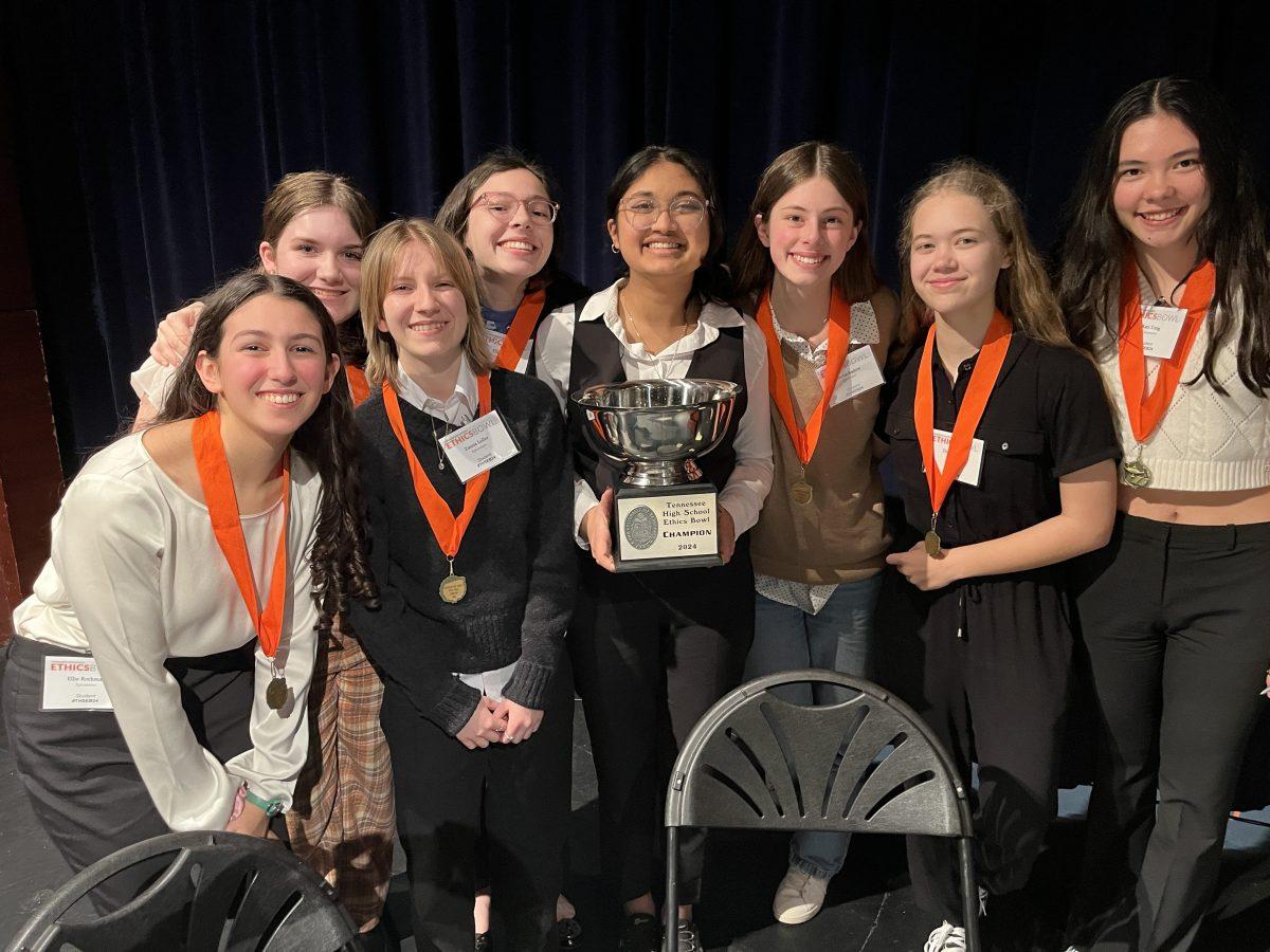 From left to right--Ellie Rothman ‘25, Caroline Keiper ‘25, Zinnia Nichols-Loller ‘25, Ellie Klein ‘25, Jaya Gupta ‘25,  Amelie Soslow ‘25, Eliza Nichols ‘25, and Kati Tong ‘25 strike a pose after winning the State championship on February 3. (via Jeff Edmonds)
