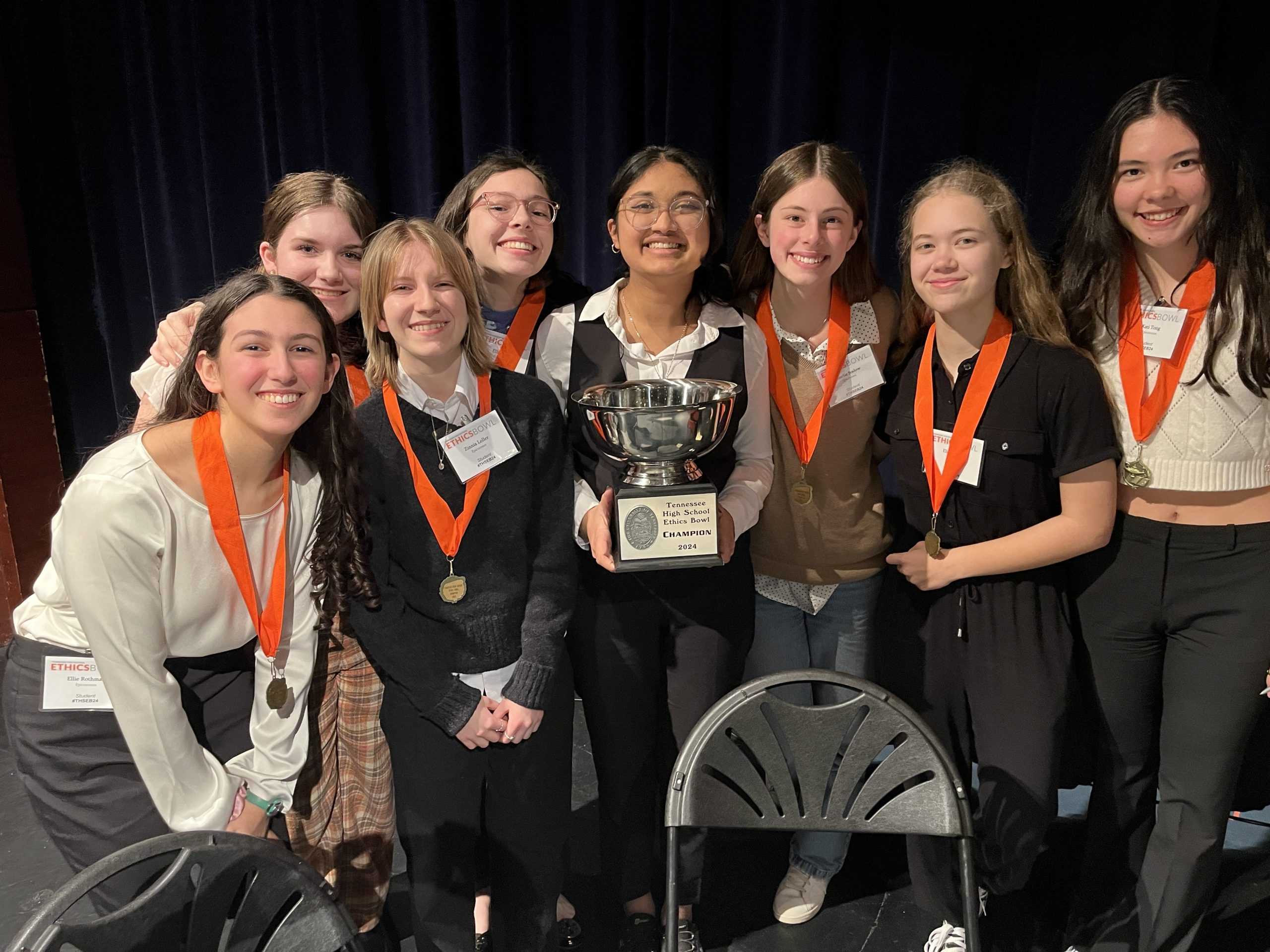 From left to right--Ellie Rothman ‘25, Caroline Keiper ‘25, Zinnia Nichols-Loller ‘25, Ellie Klein ‘25, Jaya Gupta ‘25,  Amelie Soslow ‘25, Eliza Nichols ‘25, and Kati Tong ‘25 strike a pose after winning the State championship on February 3. (via Jeff Edmonds)

