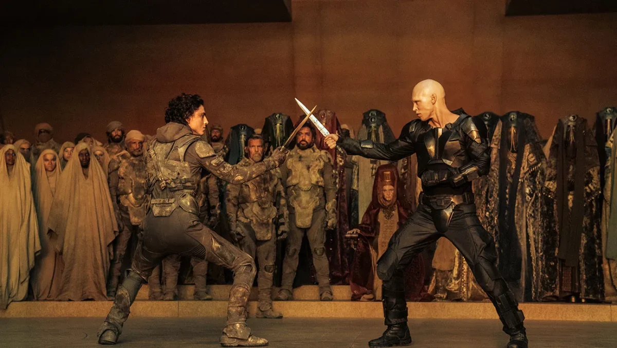 Timothée Chalamet (left) as Paul Atreides and Austin Butler as Feyd-Rautha Harkonnen in 'Dune: Part Two.'