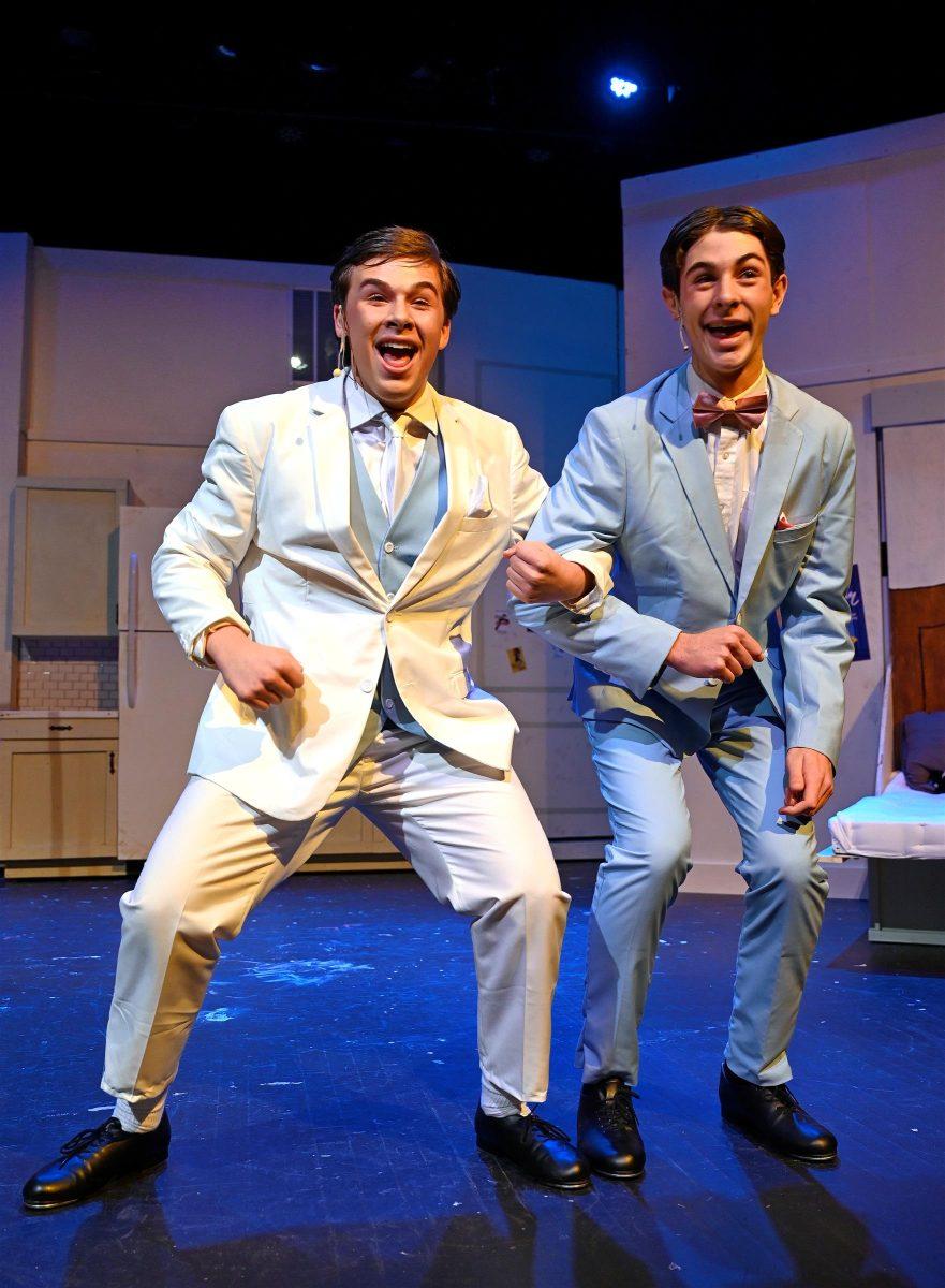 Robert Martin (Caden Carrabba ‘27) and George (Beau Jones ‘28) tap dance in anticipation of Martin’s upcoming wedding. (via Rick Malkin)