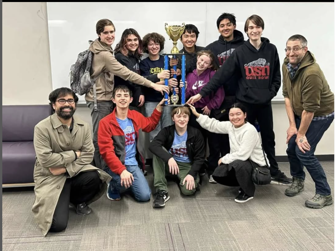 Members of the USN Quiz Bowl team celebrate the 2025 state title in Cookeville. (photo provided)