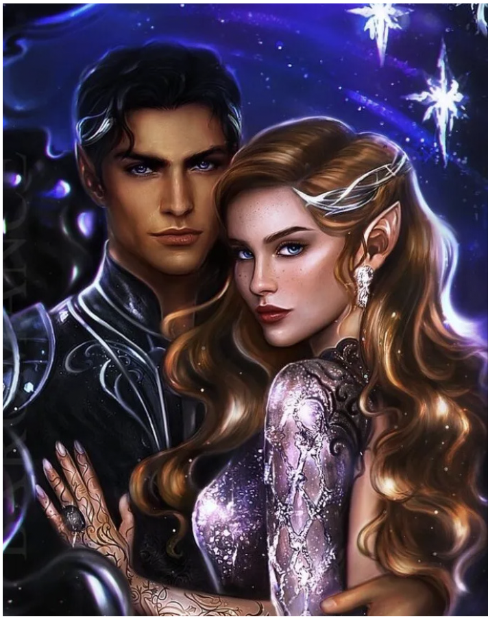 Fan art shows Rhysand and Feyre in an embrace. (photo via HOSAF)