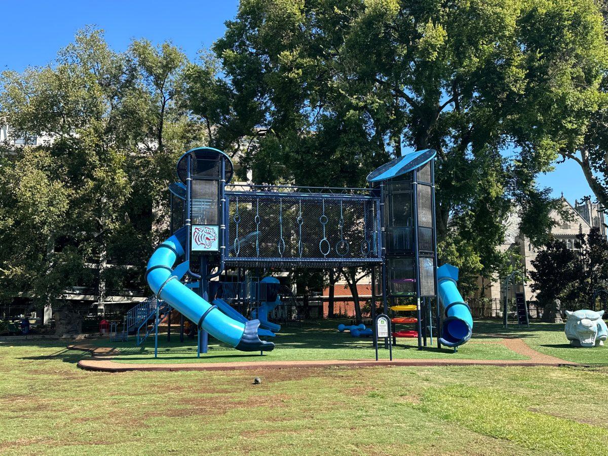 OUT WITH THE OLD, IN WITH THE BLUE: The new blue playground stands in the corner of the back field. (via the Peabody Press)