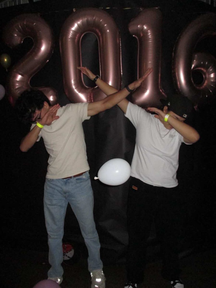 Omeed Irani '26 and Victor Peng '26 dabbing at the dance on February 21. (via the PEAs)