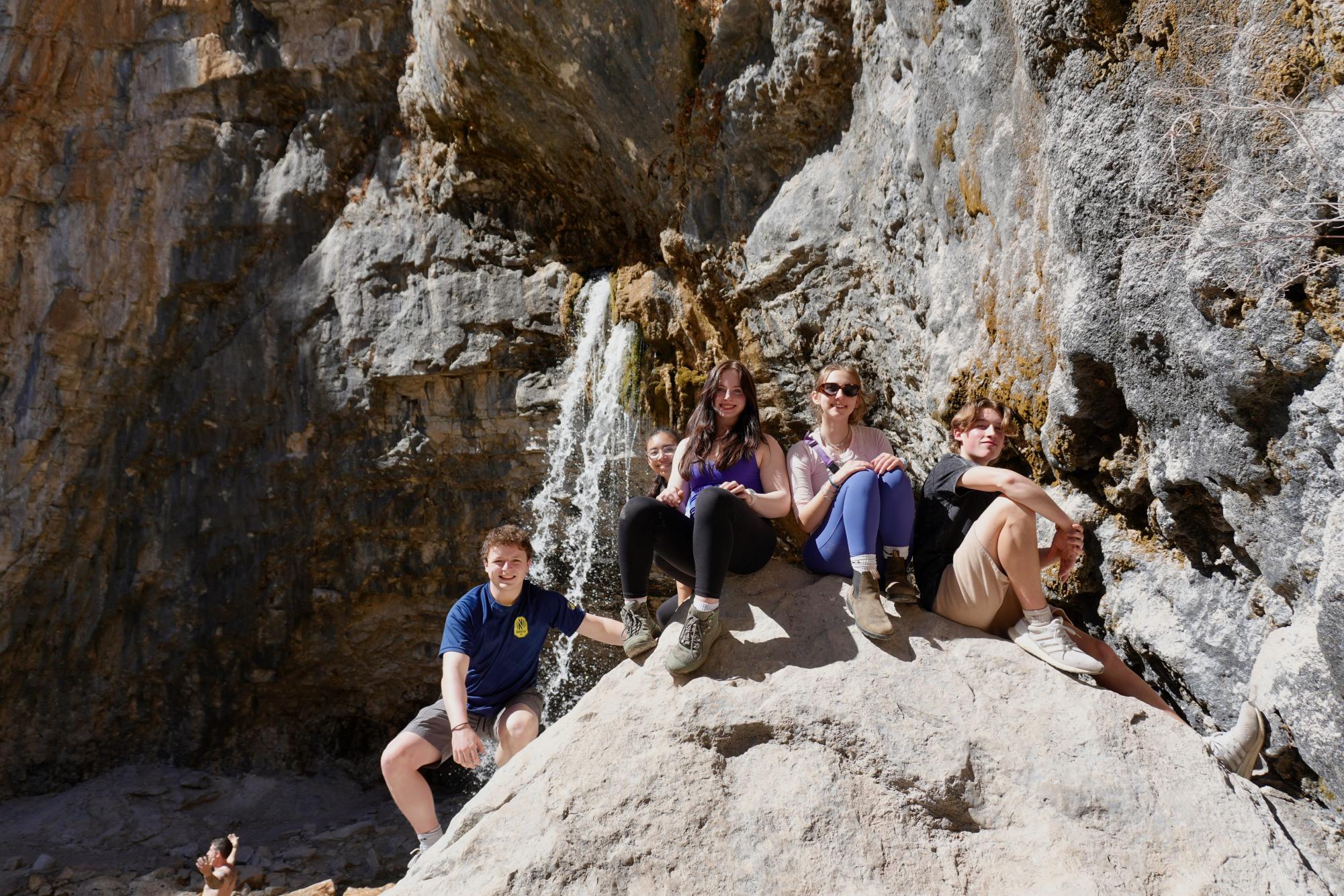 CHASING WATERFALLS: Left to right: Barrett, Ilagan, Mackler, Laird, Carlson pose while on a hike in Colorado. (photo provided)